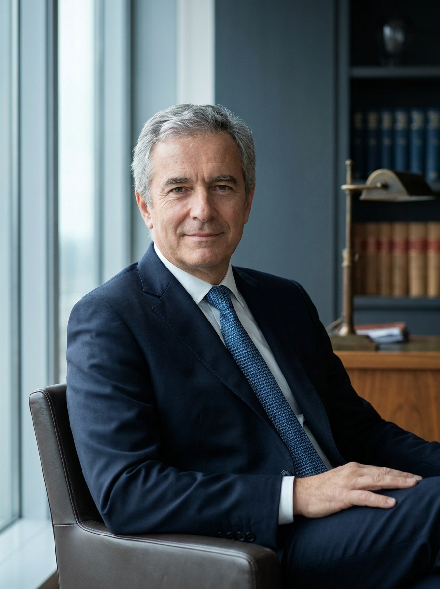 Confident UK investor in a navy suit